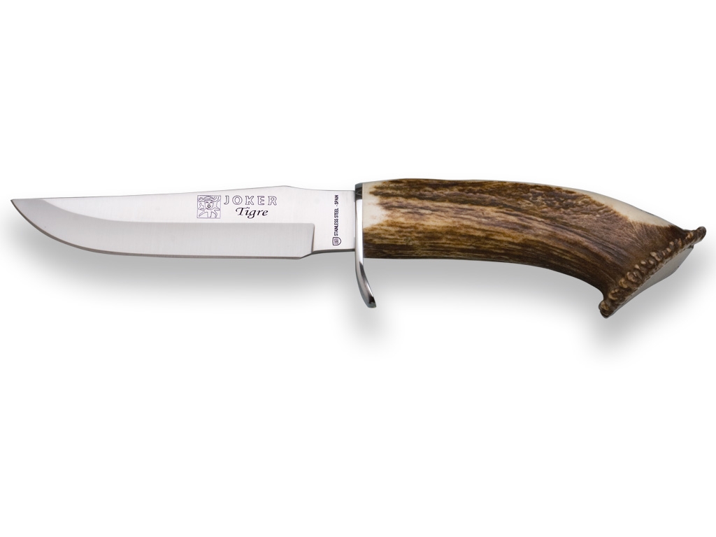 CUCHILLO DE MONTE CON PUÑO CORONA CIERVO Y HOJA INOX DE 14 CM.