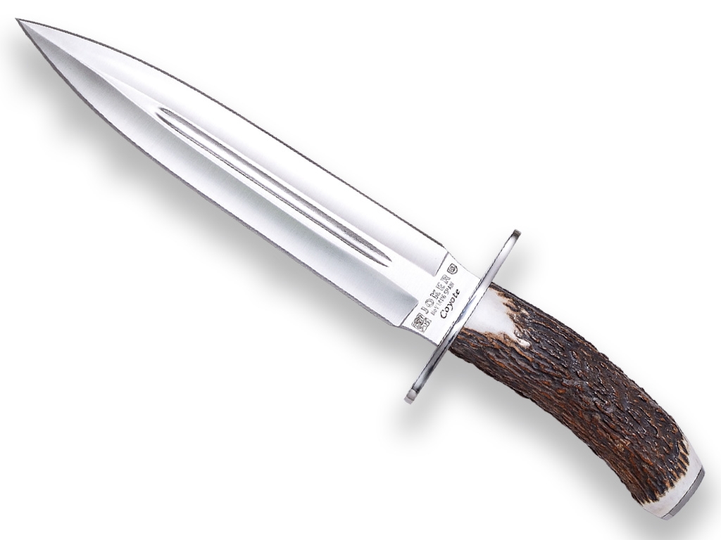 STAG HORN HANDLE, 23 CM FIXED BLADE DOUBLE EDGE FINISH OFF JOKER COYOTE