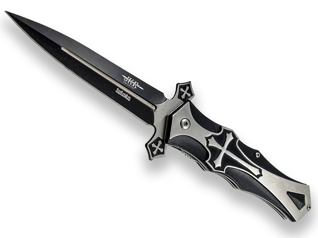 NAVAJA JKR573 ADORNO CRUZ CRISTIANA. PUÑO ALUMINIO Y HOJA INOX DE 9 CM.